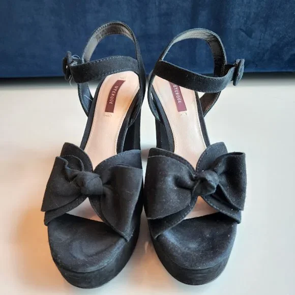 UTERQUE Womens Black Leather Suede Platform Heels Sandal Size 37